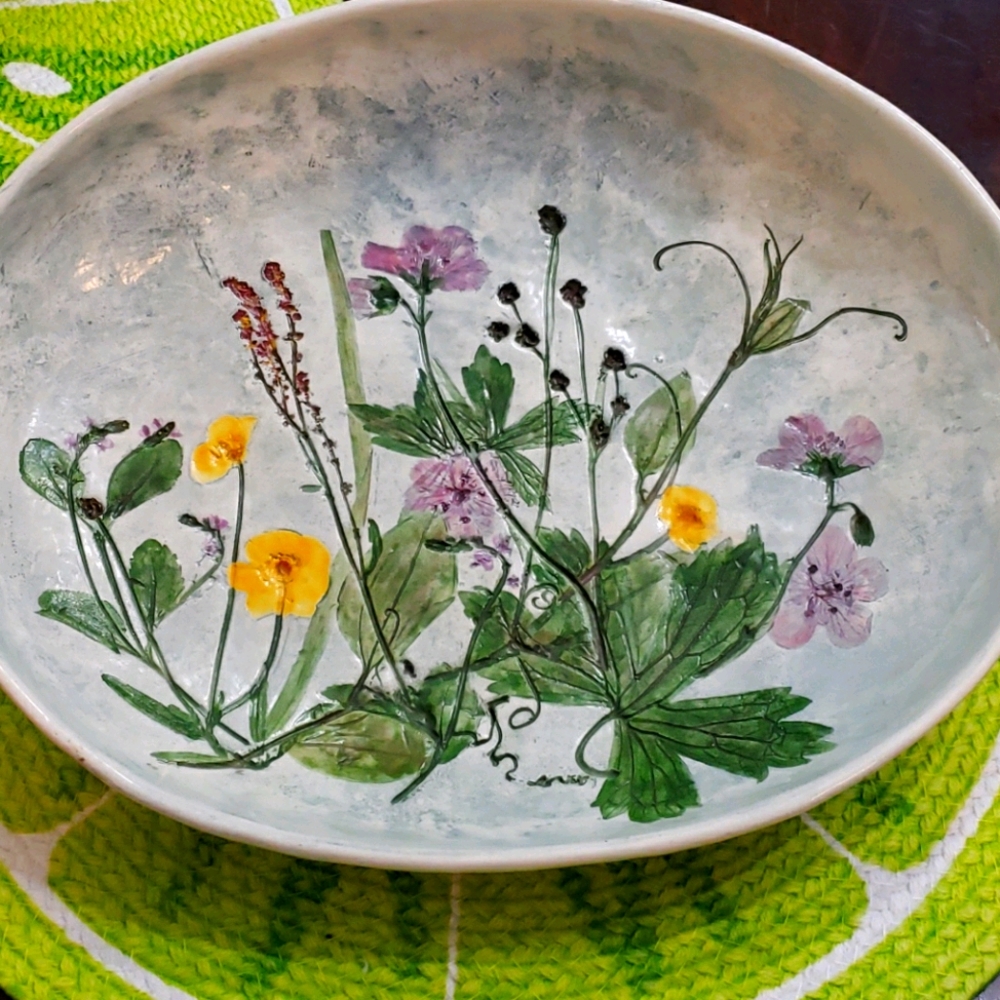 Salt Marsh Pottery pressed floral 12" oval bowl